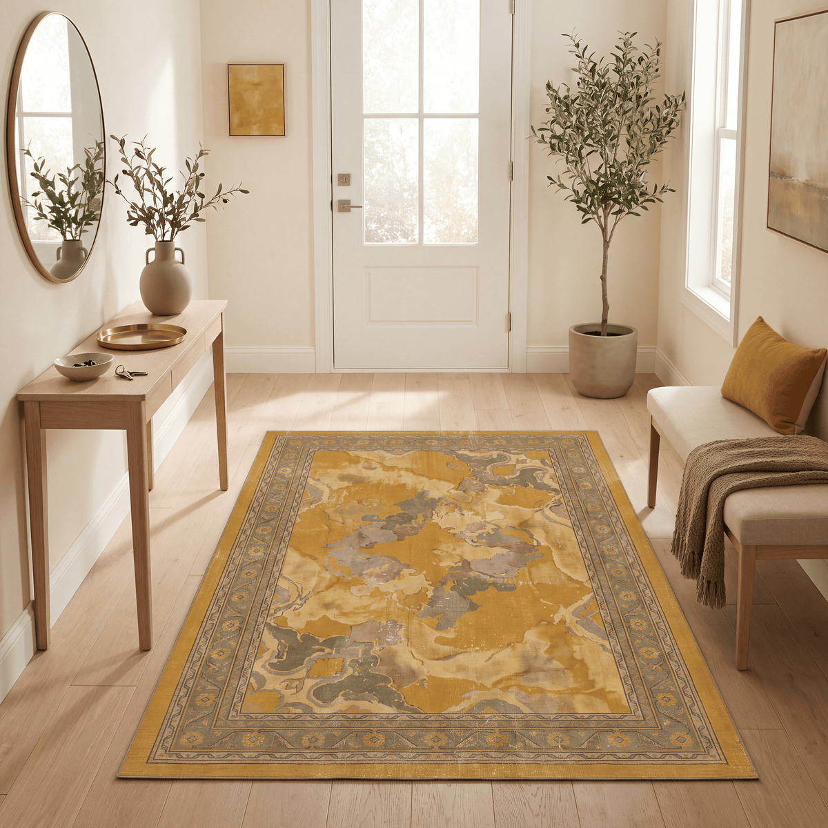 Wellfield Modern Abstract Watercolor Ochre Olive Stone Washable Indoor Outdoor Entryway Rug - RugzellaDigital Print RugRugzellaRugzellaBBB481-RECT-24x47-60x120cmRGZLLA145611Rectangle2' x 3'11" (60x120 cm)RECTANGLE | Wellfield rectangle entryway