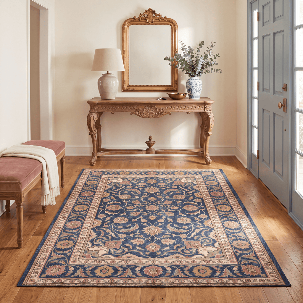 Whinfield Traditional Distressed Medallion Navy Cream Faded Washable Indoor Outdoor Entryway Rug - RugzellaDigital Print RugRugzellaRugzellaBBB484-RECT-24x47-60x120cmRGZLLA146616Rectangle2' x 3'11" (60x120 cm)RECTANGLE | Whinfield rectangle entryway