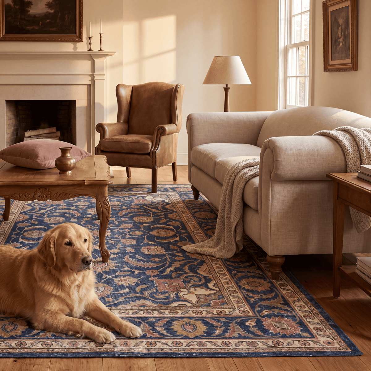 A dog resting on the rug in a living room.