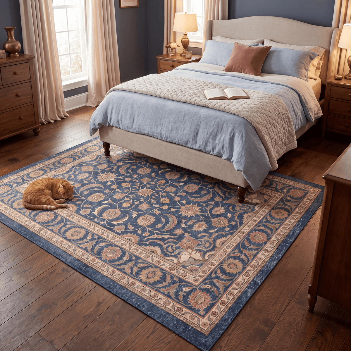 The rug at the foot of a bed with a cat asleep on it.