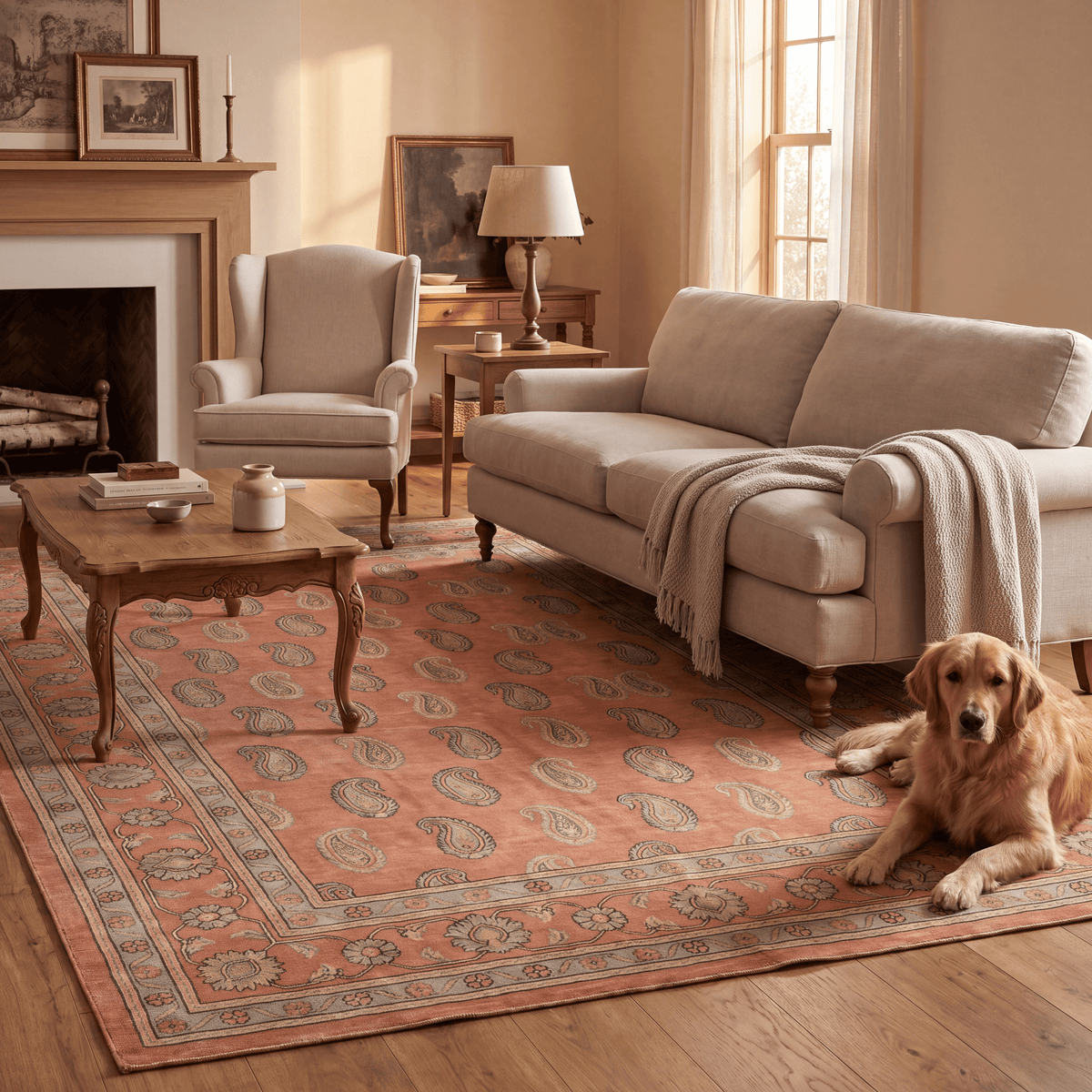 A dog resting on the rug in a living room.