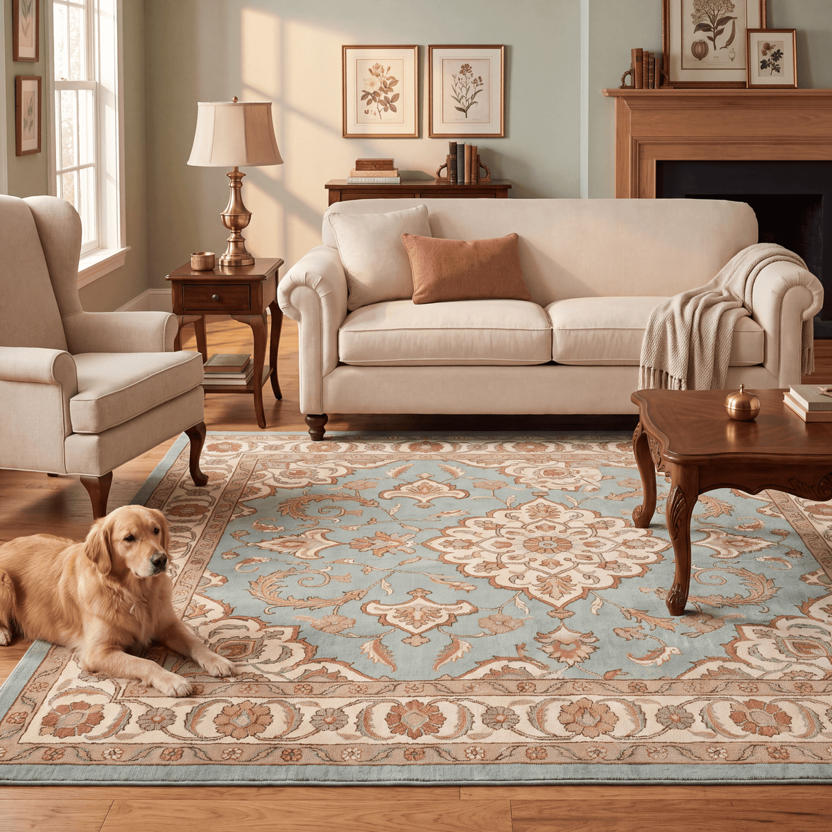 A dog resting on the rug in a living room.