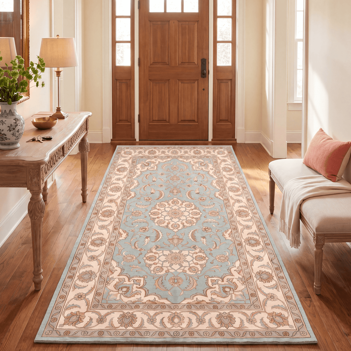 Zephyr2 Traditional Medallion Border Teal Ivory Rust Washable Indoor Outdoor Entryway Rug - RugzellaDigital Print RugRugzellaRugzellaBBB378-RECT-24x47-60x120cmRGZLLA109766Rectangle2' x 3'11" (60x120 cm)RUNNER | Zephyr2 runner entryway